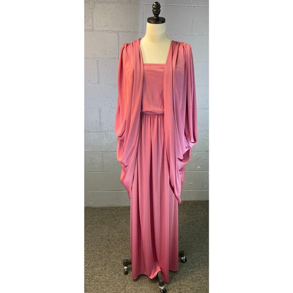 Vtg 70s Dusty Rose Pink Dress Duster 2 Piece Set Prairie Dress Prom Formal SM MD - Picture 3 of 10